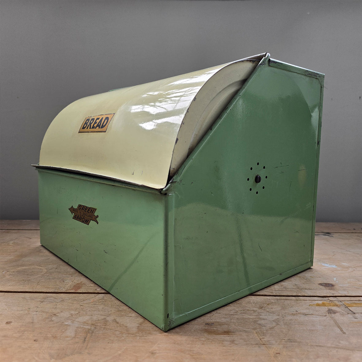 A Vintage Green Arrow bread bin in a fab duck egg green and cream combo, and still having its 'BREAD' and 'Green Arrow' water slide stickers to the front. A great looking item for the vintage kitchen - SHOP NOW - www.intovintage.co.uk