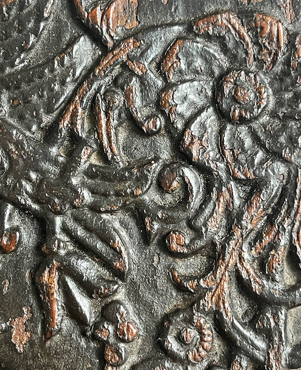 An interesting 17th Century Carved Oak Panel that once would have been the door off of a piece of furniture. The hinge and escutcheon marks are still visible on the reverse. The center sees a crowned eagle surrounded by climbing roses with four larger roses in each corner. Look closer and you'll see other birds and a cupid within the foliage - SHOP NOW - www.intovintage.co.uk