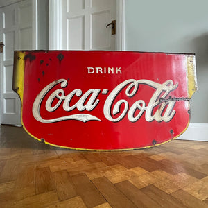 A Double Sided Coca Cola Enamel Sign from the 1930's period. Each side is finished in bright Coke red with white and . A fantastic sign that would look excellent in a restaurant, retail space or even a home - SHOP NOW - www.intovintage.co.uk