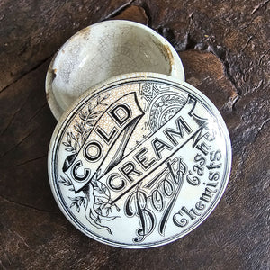 An Edwardian Boots Cold Cream Pot. Lovely crazing to the glazes surface. Marked 'TOO GOOD - PATENT - LONDON'. - SHOP NOW -Intovintage.co.uk