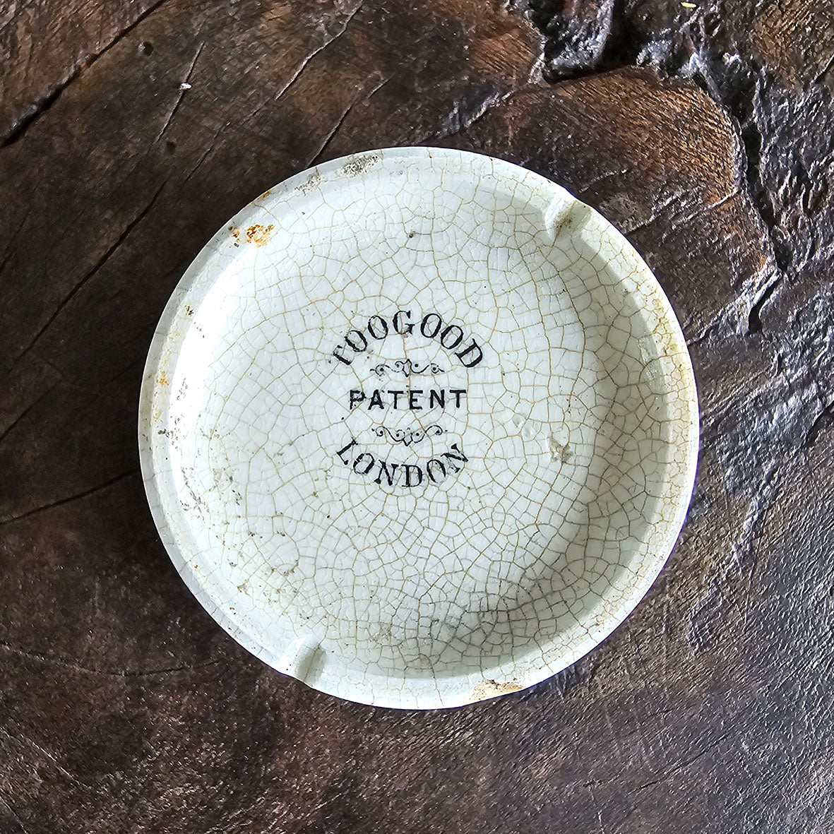 An Edwardian Boots Cold Cream Pot. Lovely crazing to the glazes surface. Marked 'TOO GOOD - PATENT - LONDON'. - SHOP NOW -Intovintage.co.uk