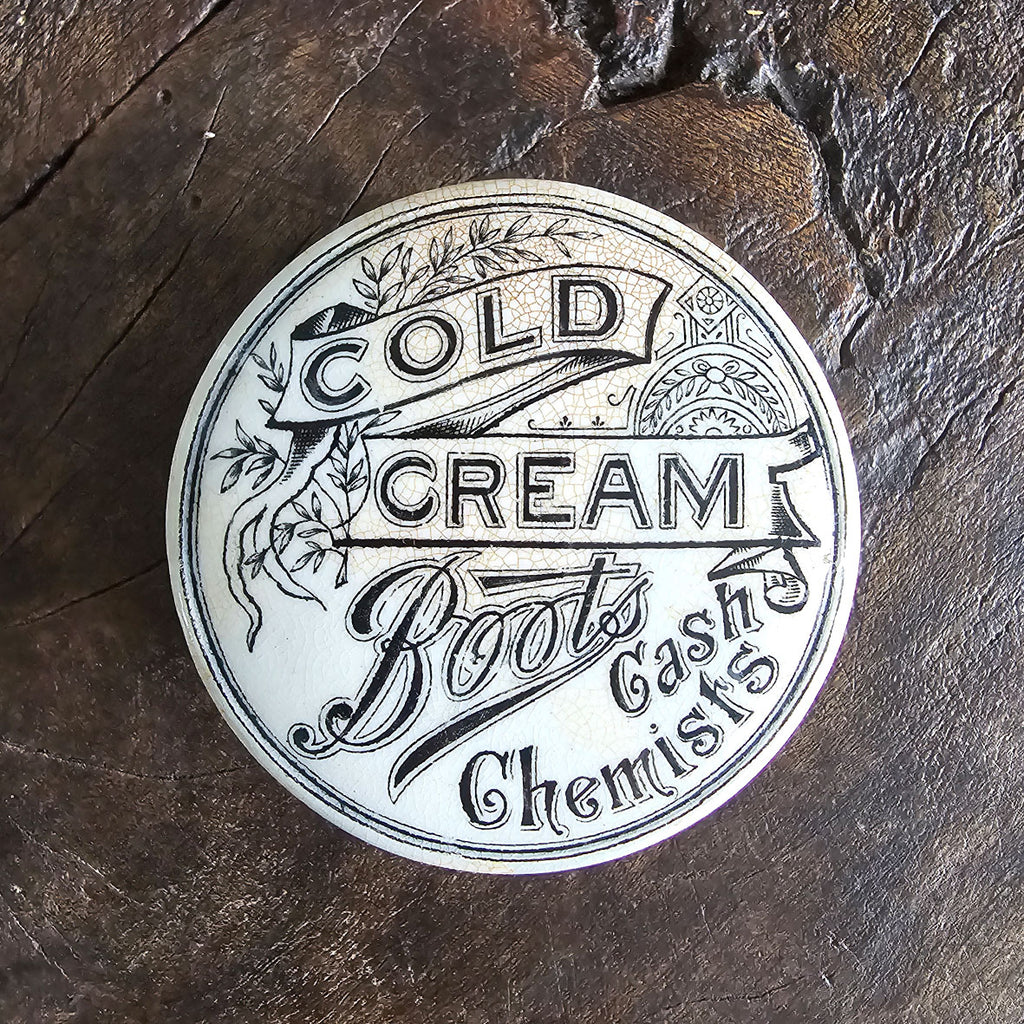 An Edwardian Boots Cold Cream Pot. Lovely crazing to the glazes surface. Marked 'TOO GOOD - PATENT - LONDON'. - SHOP NOW -Intovintage.co.uk