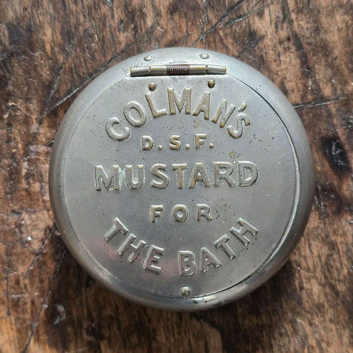 A rare Edwardian Coleman's 'Mustard for the Bath' Tin. Embossed type to the top sprung hinged lid. Great condition. - SHOP NOW - www.intovintage.co.uk