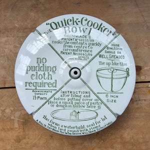 An Antique Grimwade's patented quick cooker pudding bowl with lid, circa 1911, made in England from stoneware pottery. It has a capacity of 2 1/2 pints, 7 inch size with directions printed on bowl and lid, you just need string to tie it up before cooking! SHOP NOW - www.intovintage.co.uk