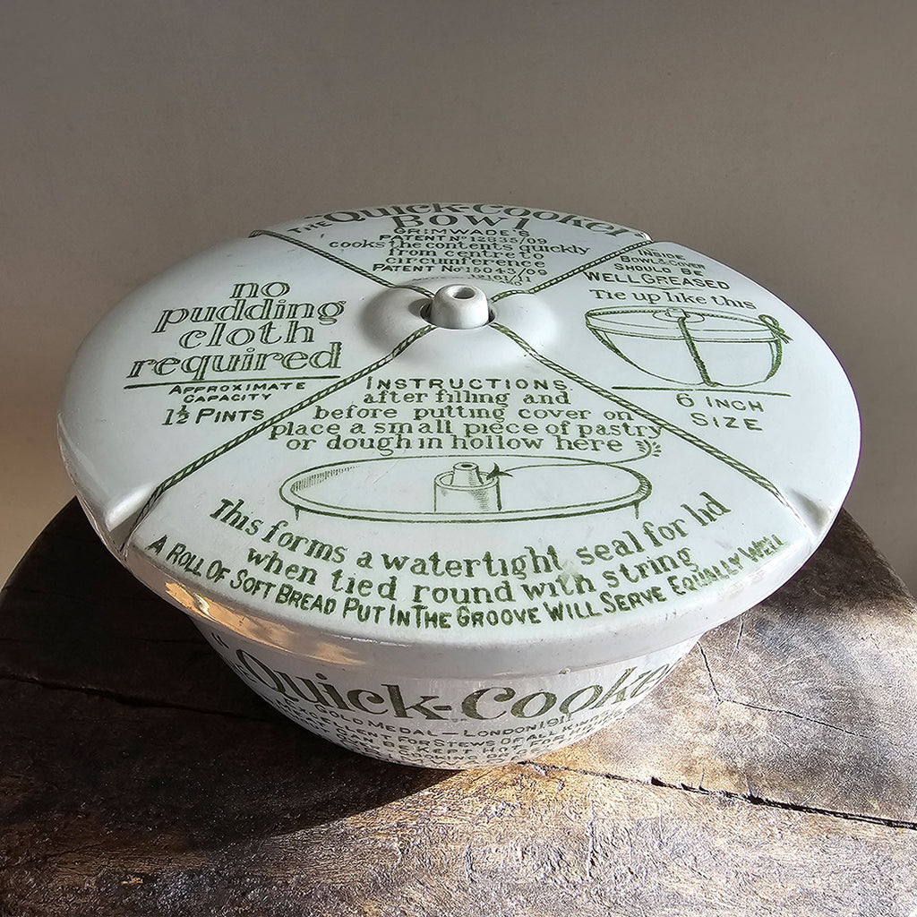 An Antique Grimwade's patented quick cooker pudding bowl with lid, circa 1911, made in England from stoneware pottery. It has a capacity of 2 1/2 pints, 7 inch size with directions printed on bowl and lid, you just need string to tie it up before cooking! SHOP NOW - www.intovintage.co.uk