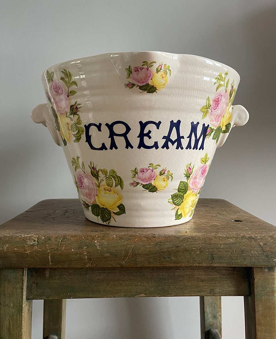 A well sized white ironstone dairy CREAM pail with side carrying handles, lip front and pretty floral decoration - SHOP NOW - www.intovintage.co.uk