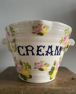 A well sized white ironstone dairy CREAM pail with side carrying handles, lip front and pretty floral decoration - SHOP NOW - www.intovintage.co.uk