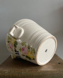 A well sized white ironstone dairy CREAM pail with side carrying handles, lip front and pretty floral decoration - SHOP NOW - www.intovintage.co.uk