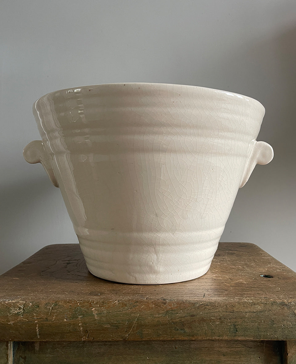 A well sized white ironstone dairy CREAM pail with side carrying handles, lip front and pretty floral decoration - SHOP NOW - www.intovintage.co.uk