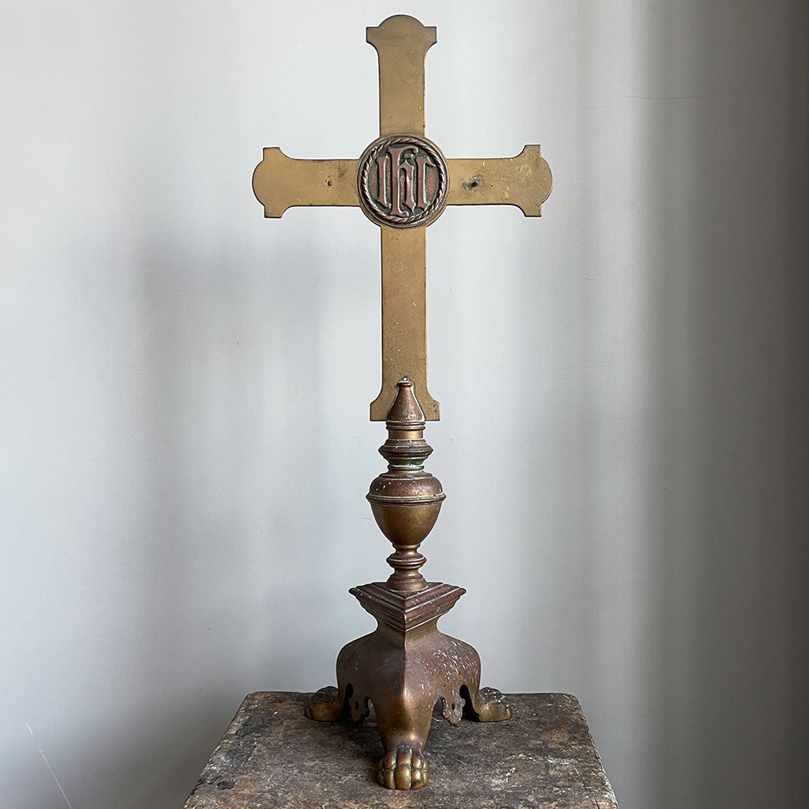 A Large Brass Alter Cross with a round copper motif and a lion foot base. Nice chunky and heavenly heavy! SHOP NOW - www.intovintage.co.uk