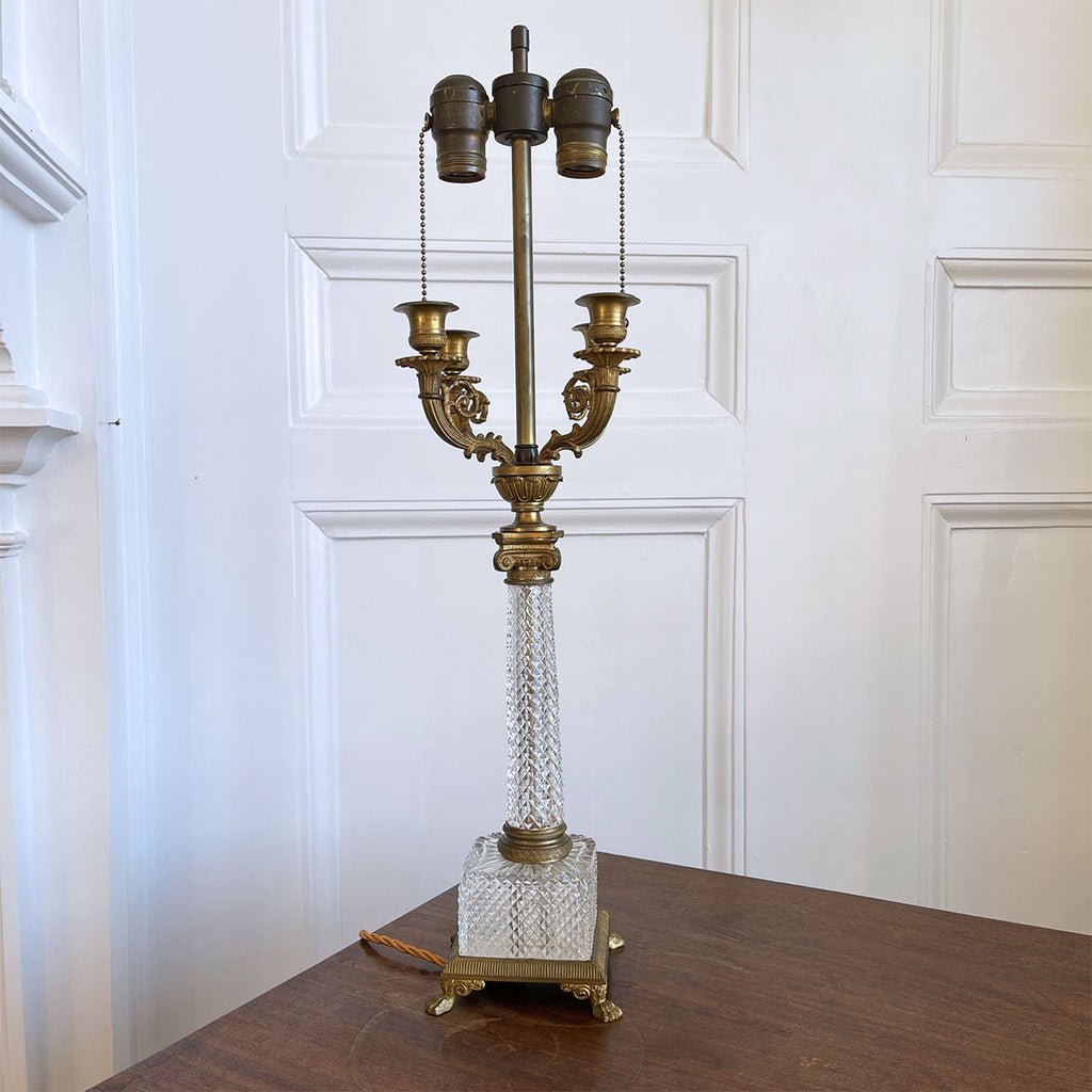 A converted four branch French classical crystal glass & gilt table candelabra with two pull chain switched down light fittings - SHOP NOW - www.intovintage.co.uk