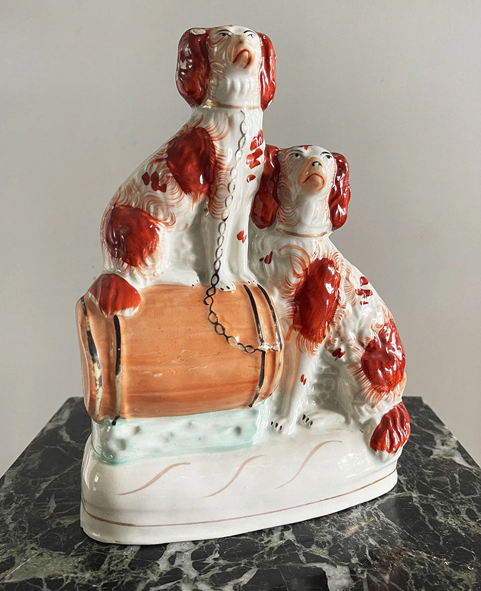 Woof! Two Staffordshire Pottery King Charles Spaniels with one sat on a barrel. Lovely terracotta hand painted detail. From around the 1850 period - SHOP NOW - www.intovintage.co.uk