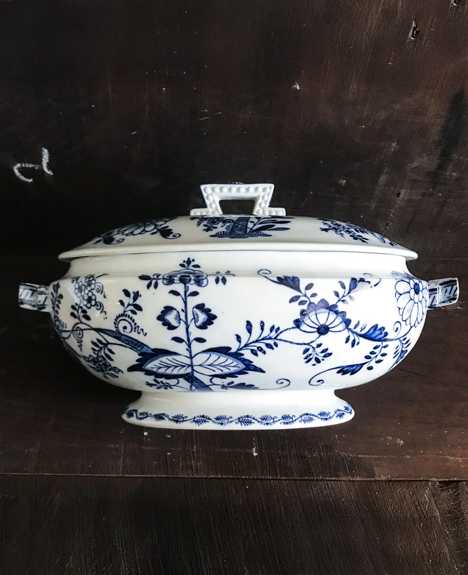A substantial 19th century blue and white tureen in the Dresden pattern from BW & Co. of England. An oval bulbous shape with unusual angular handles with raised balls - SHOP NOW - www.intovintage.co.uk