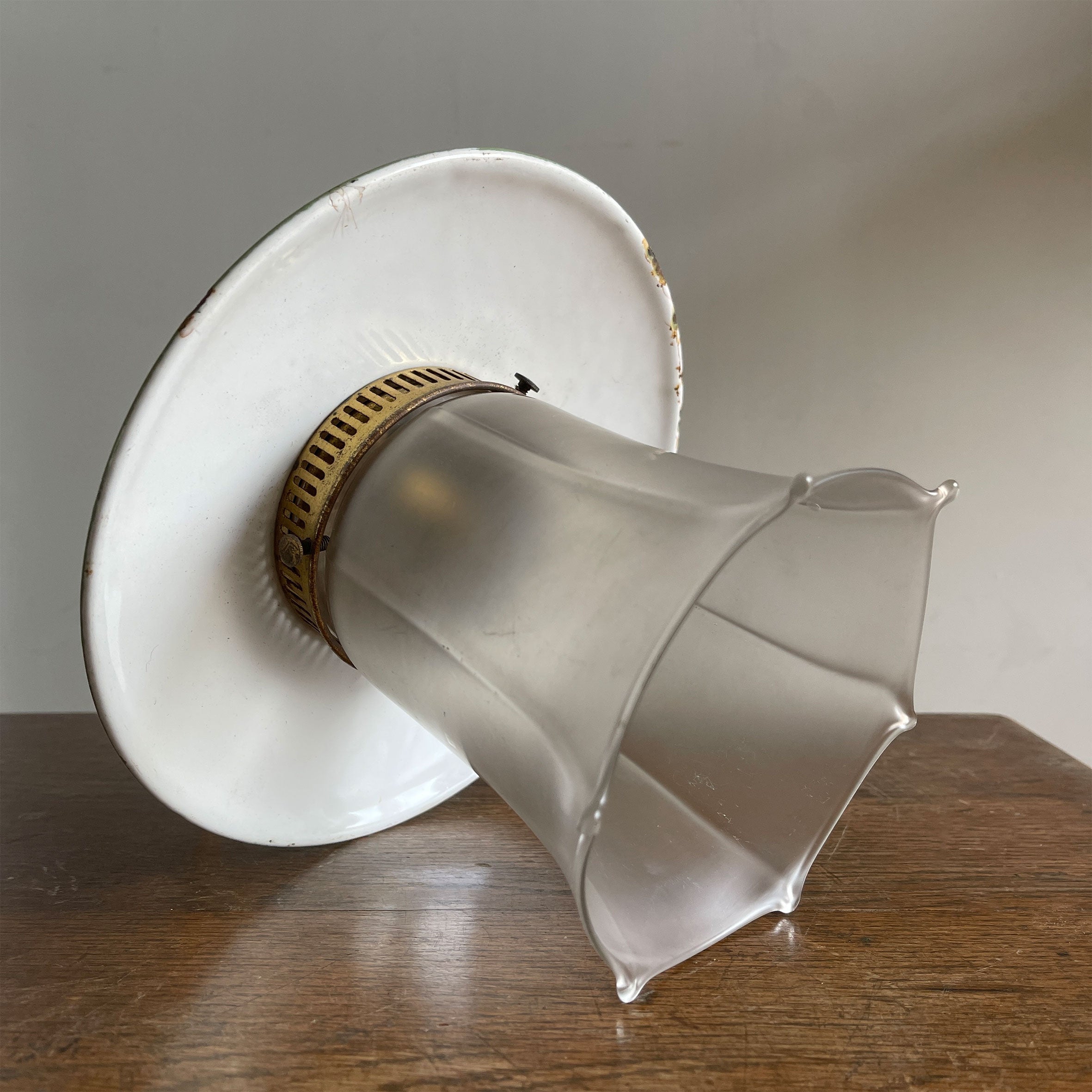 An early 20th century Hall Lantern finished in a beautiful duck egg green enamel with gold pin stripe detail. Pretty frosted glass shade. - SHOP NOW - www.intovintage.co.uk
