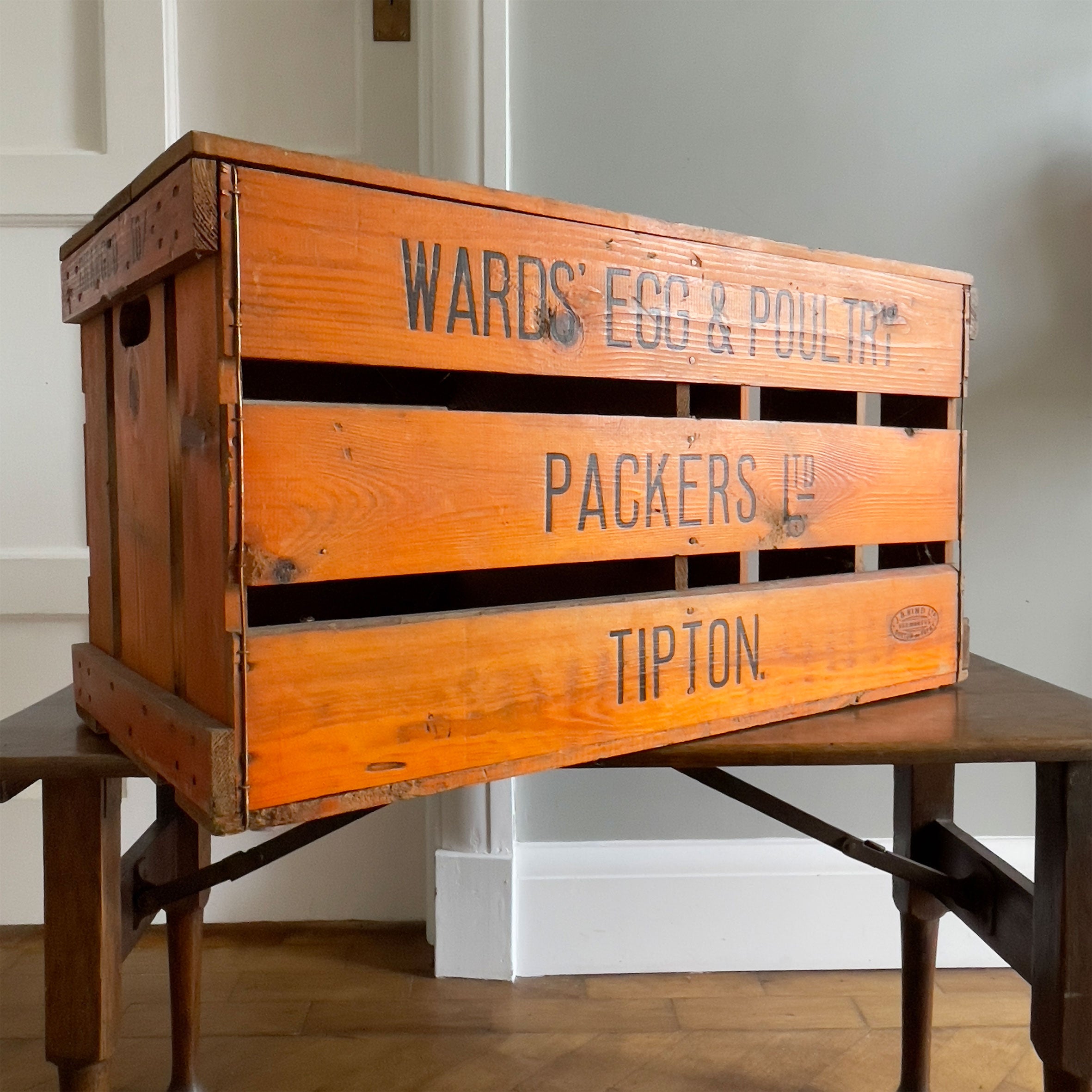A Large Vintage Travelling Egg Box. Fantastic stamped typography to the front, back, top and sides, a beautiful honey tone to the woodwork. From the Wards Egg &amp; Poultry Packers, Tipton. - SHOP NOW - www.intovintage.co.uk