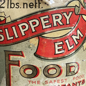 A large 2lb slippery Elm Tin. This tin would have held Malted Slippery Elm Food Powder, that was excellent for breakfast and supper! Nourishing and strengthening too!  Perfect patina with great design and typography. - SHOP NOW - www.intovintage.co.uk