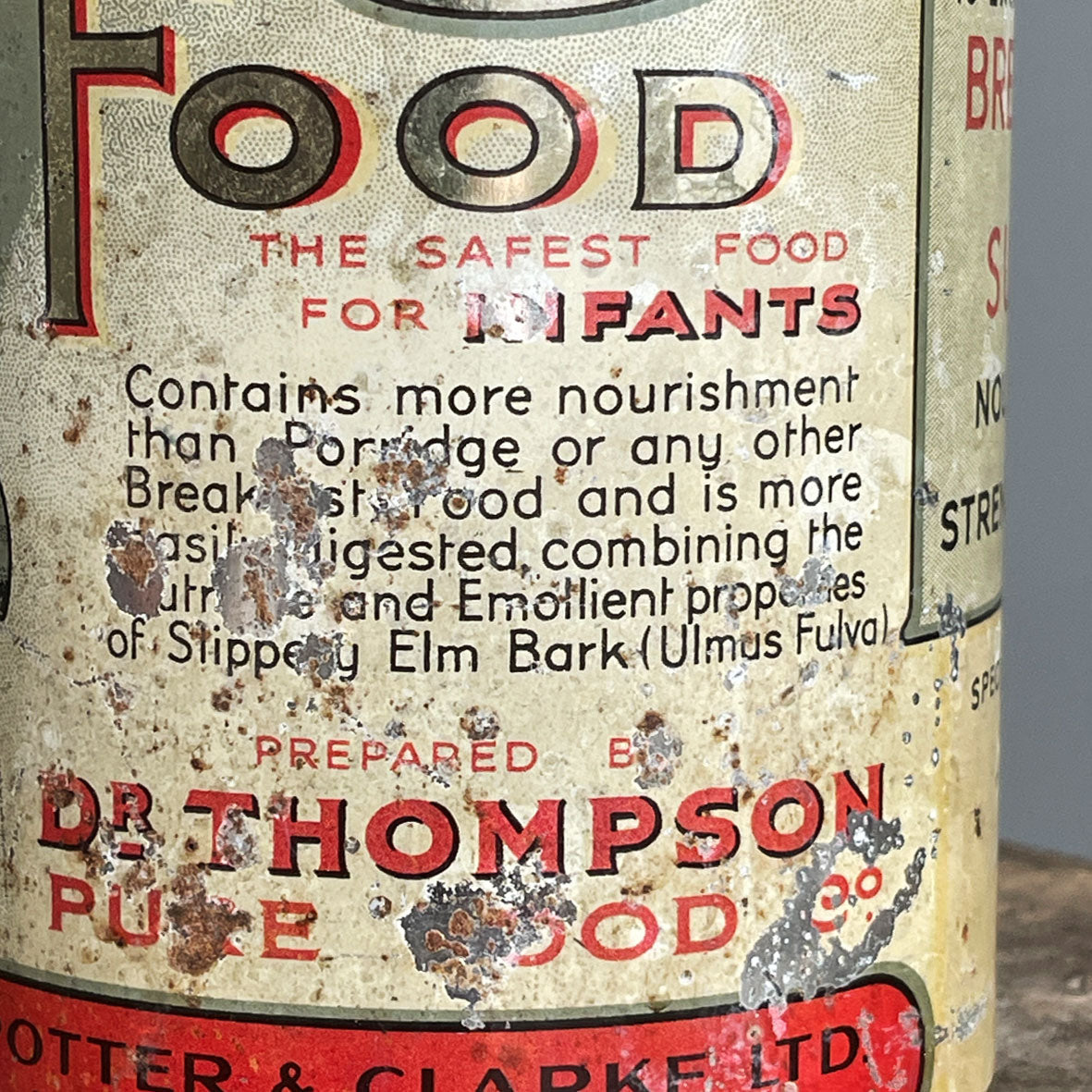 A large 2lb slippery Elm Tin. This tin would have held Malted Slippery Elm Food Powder, that was excellent for breakfast and supper! Nourishing and strengthening too!  Perfect patina with great design and typography. - SHOP NOW - www.intovintage.co.uk