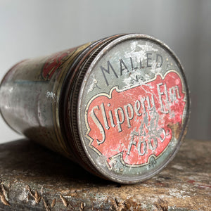 A large 2lb slippery Elm Tin. This tin would have held Malted Slippery Elm Food Powder, that was excellent for breakfast and supper! Nourishing and strengthening too!  Perfect patina with great design and typography. - SHOP NOW - www.intovintage.co.uk