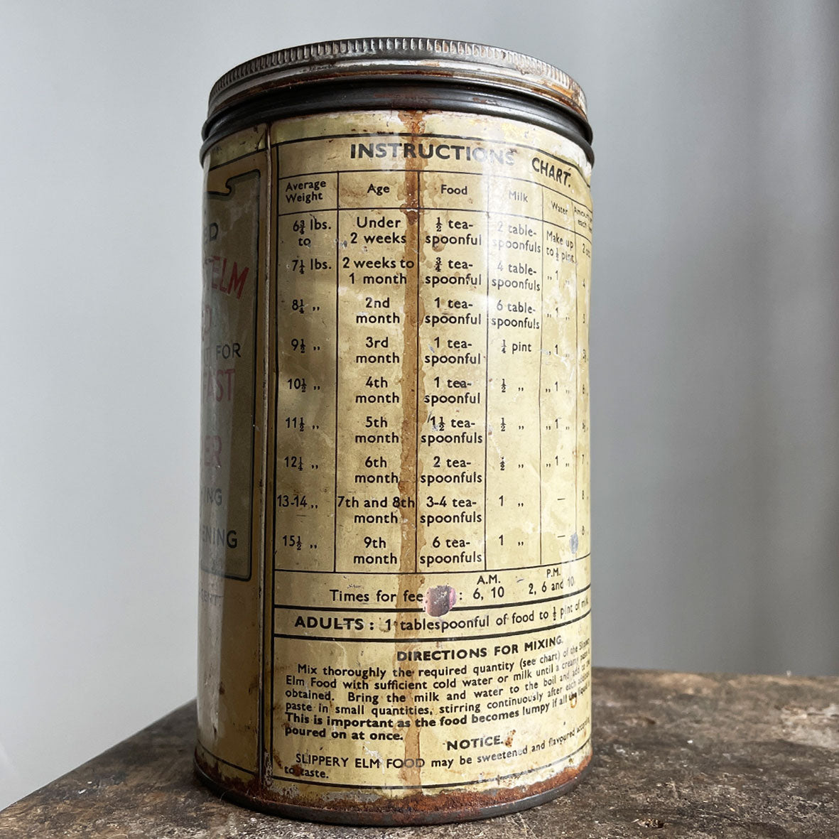 A large 2lb slippery Elm Tin. This tin would have held Malted Slippery Elm Food Powder, that was excellent for breakfast and supper! Nourishing and strengthening too!  Perfect patina with great design and typography. - SHOP NOW - www.intovintage.co.uk