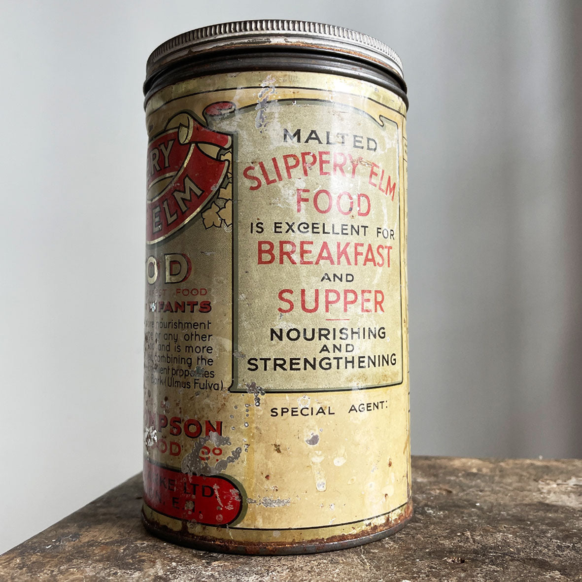 A large 2lb slippery Elm Tin. This tin would have held Malted Slippery Elm Food Powder, that was excellent for breakfast and supper! Nourishing and strengthening too!  Perfect patina with great design and typography. - SHOP NOW - www.intovintage.co.uk