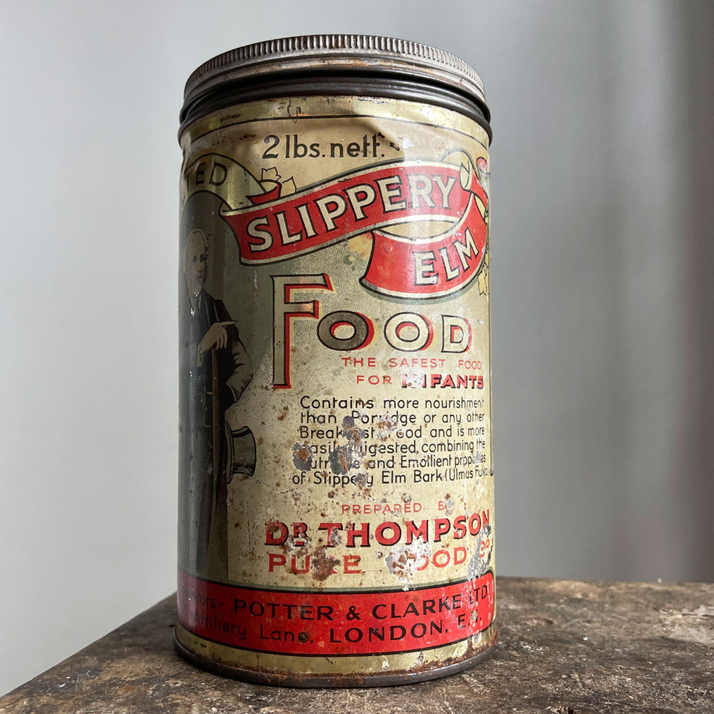 A large 2lb slippery Elm Tin. This tin would have held Malted Slippery Elm Food Powder, that was excellent for breakfast and supper! Nourishing and strengthening too!  Perfect patina with great design and typography. - SHOP NOW - www.intovintage.co.uk
