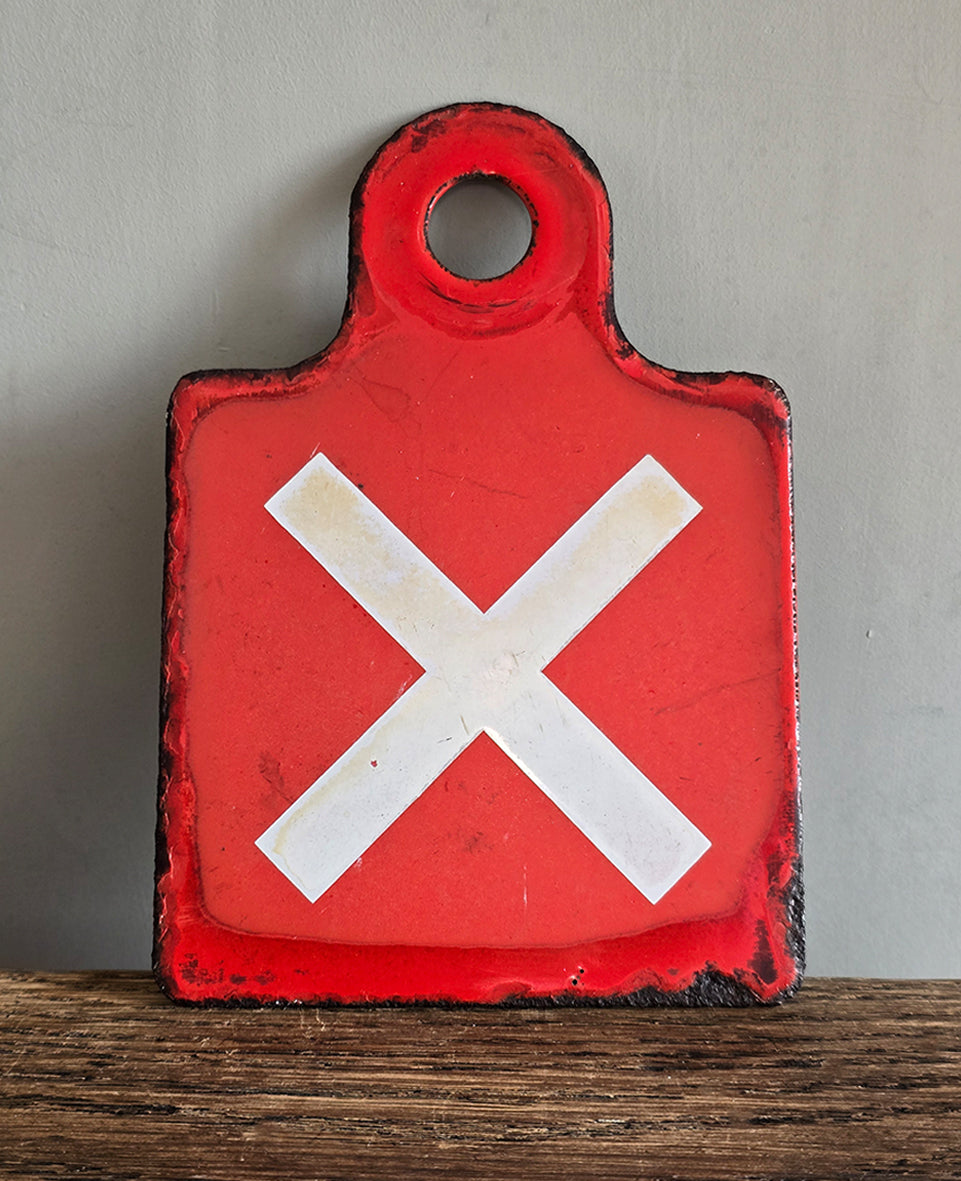 A cool Vintage Enamel French Railway 'X' Sign with handy hanging loop that would probably have been used to denote No Entry on doorways. We have two of these signs in stock - SHOP NOW - www.intovintage.co.uk