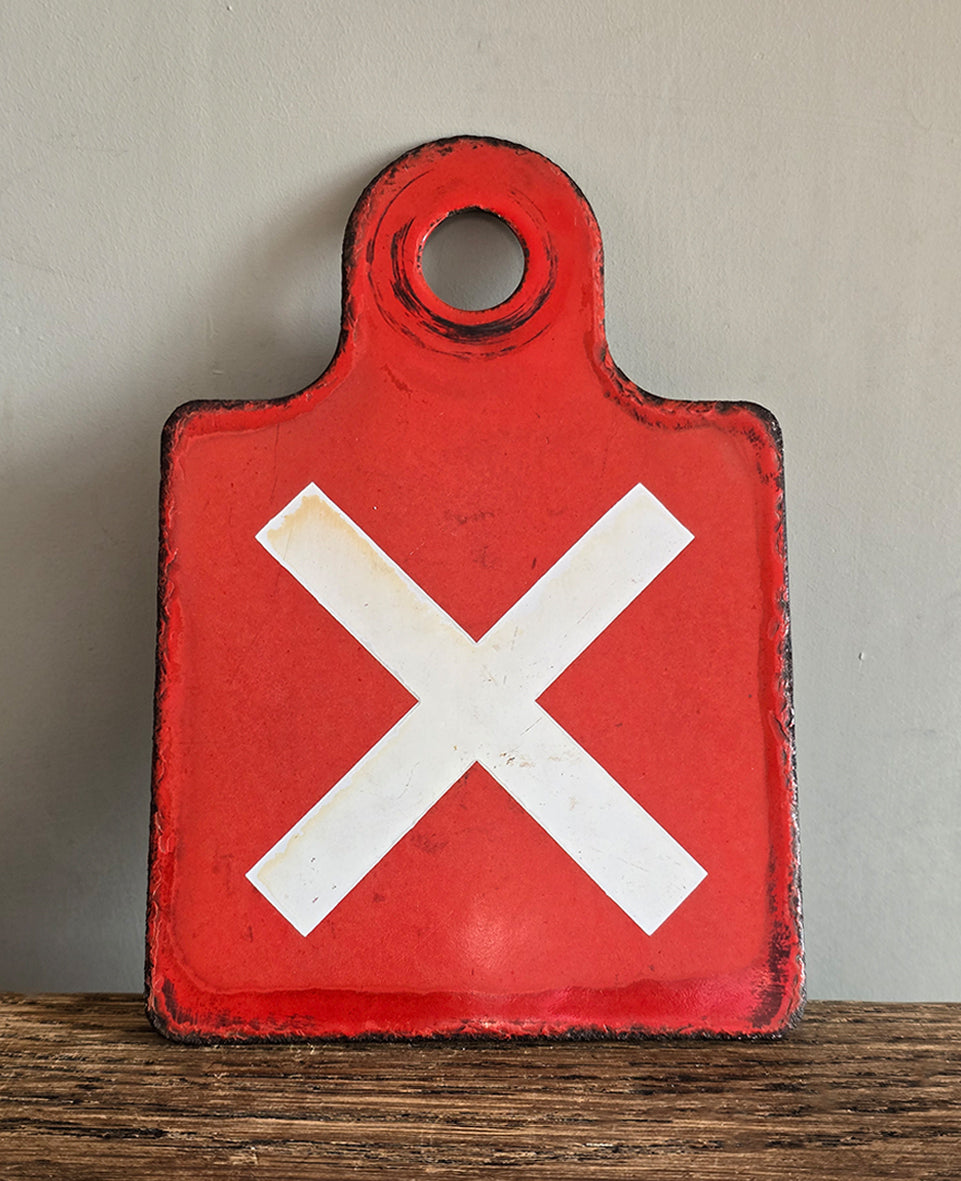A cool Vintage Enamel French Railway 'X' Sign with handy hanging loop that would probably have been used to denote No Entry on doorways. We have two of these signs in stock - SHOP NOW - www.intovintage.co.uk