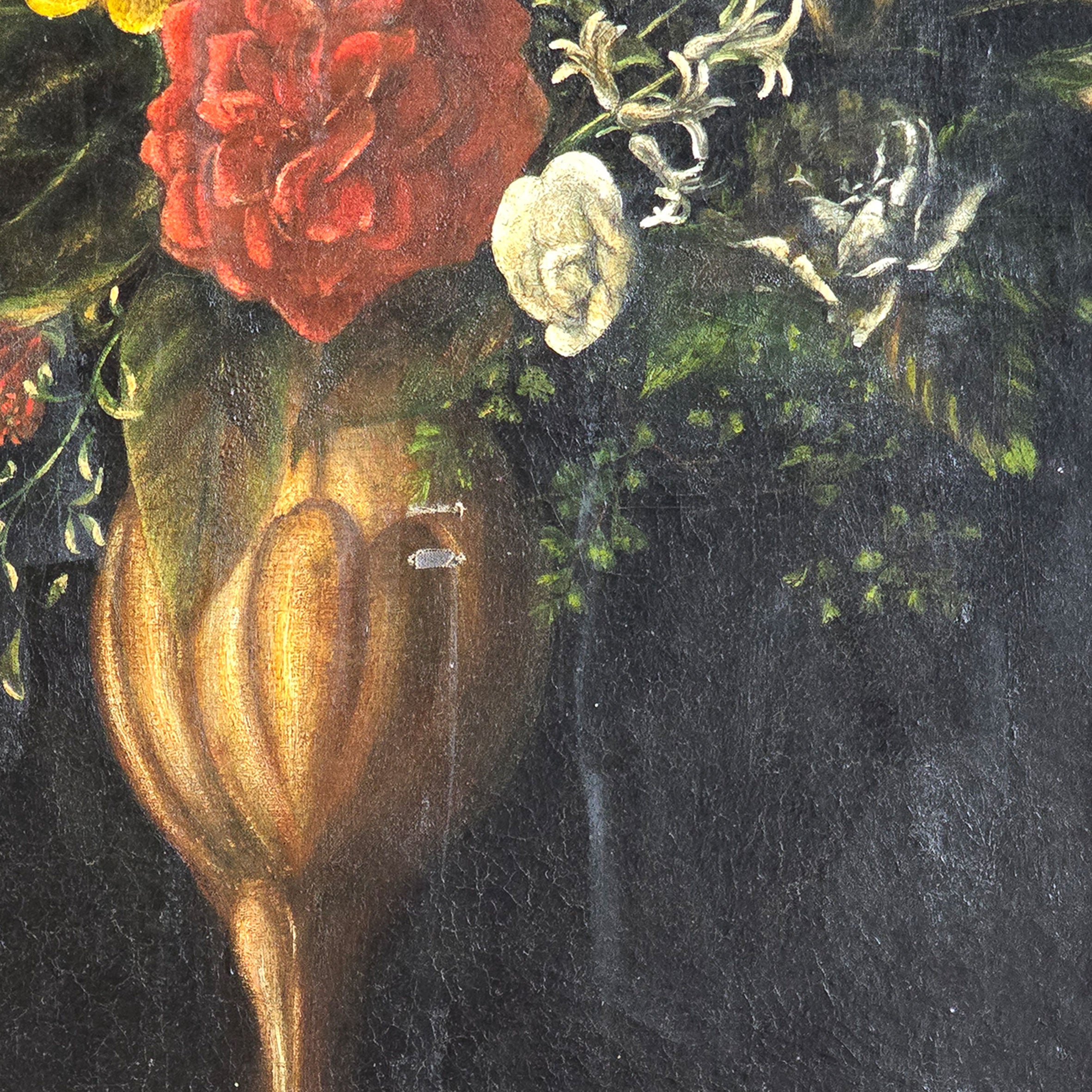 A rather beautiful oil painting in the Manner of Jean Baptiste Monnoyer of a rich flowery bouquet in a golden vase. The flowers are well defined against a dark background. An envelope and wine glass sit to the front and side of the vase. Presented in a distressed black and gold frame - SHOP NOW - www.intovintage.co.uk