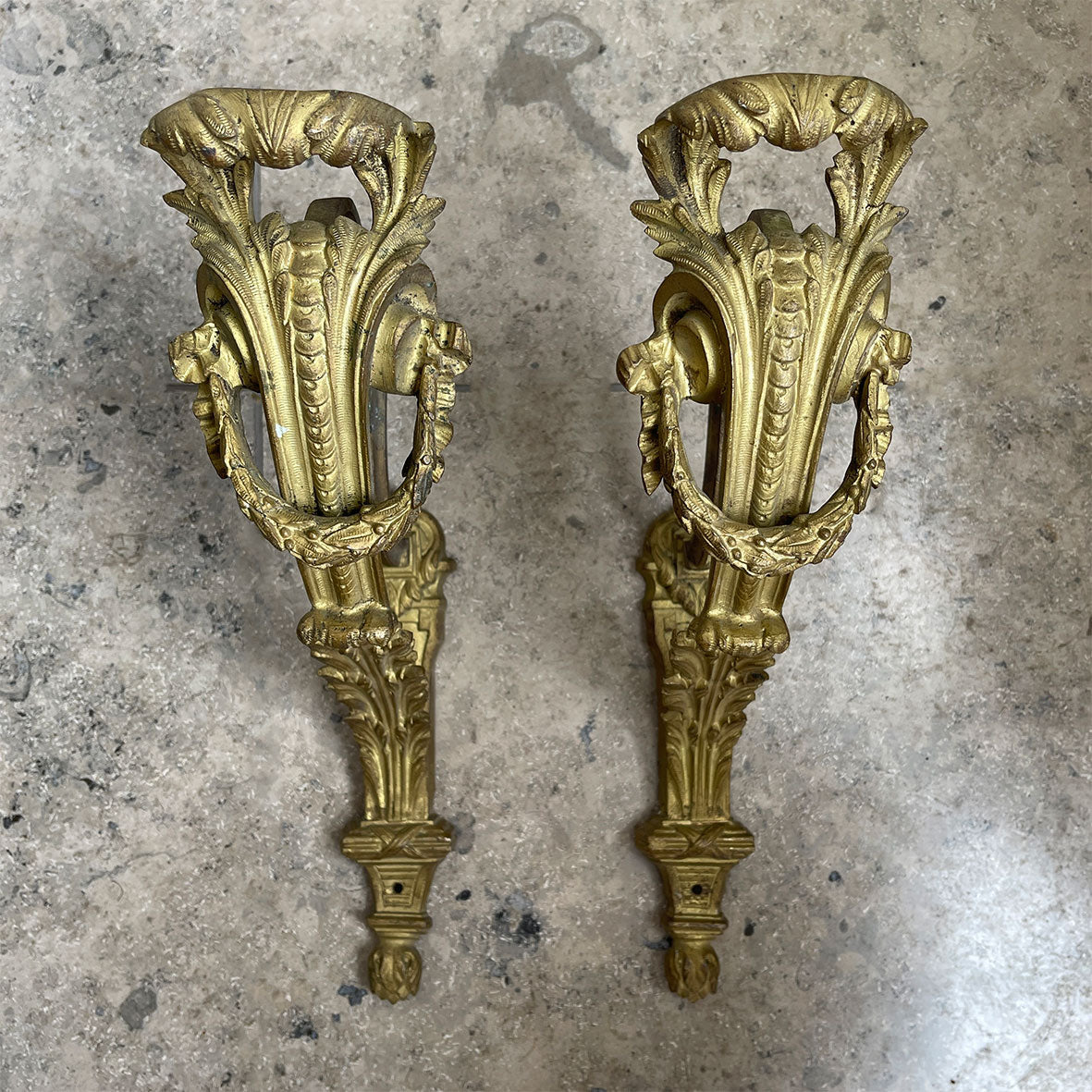 A pair of large antique french gilded 'ormolu' curtain rod brackets in the Louis XVI style - SHOP NOW - www.intovintage.co.uk