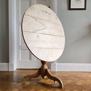 A lovely coloured Rustic French Tilt Top Table. It has a round top raised on three nicely profiled legs and central turned boss. The base still retains its original scumble painted finish. - SHOP NOW - www.intovintage.co.uk