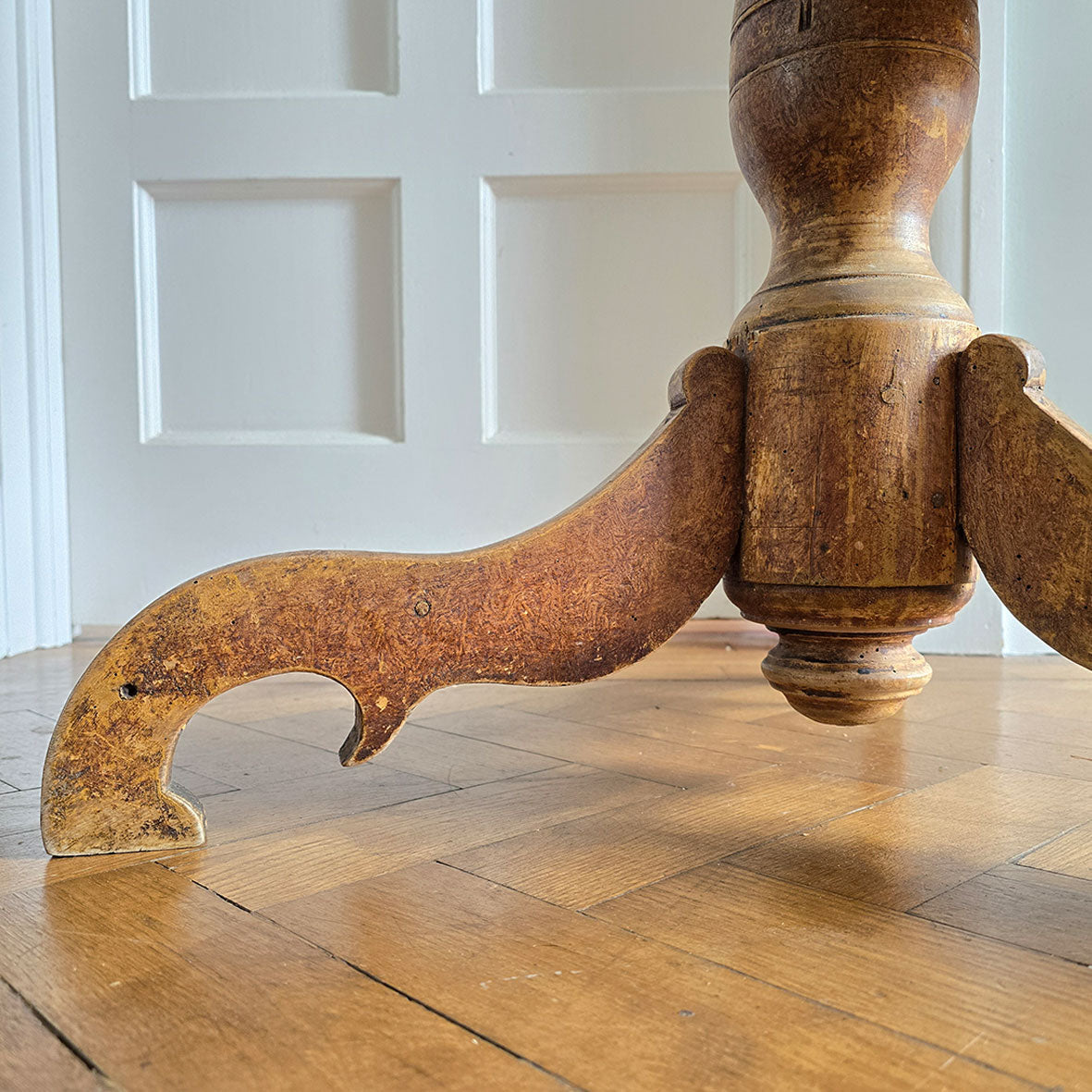 A lovely coloured Rustic French Tilt Top Table. It has a round top raised on three nicely profiled legs and central turned boss. The base still retains its original scumble painted finish. - SHOP NOW - www.intovintage.co.uk