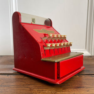 A Charming Children's French toy cash tin plate cash register. Finished in original red paintwork with white keys and a golden Caisse Enregistreuse waterslide decal. - SHOP NOW - www.intovintage.co.uk