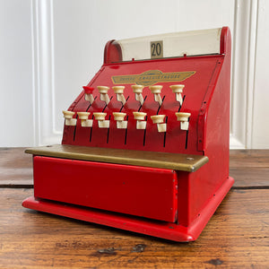 A Charming Children's French toy cash tin plate cash register. Finished in original red paintwork with white keys and a golden Caisse Enregistreuse waterslide decal. - SHOP NOW - www.intovintage.co.uk