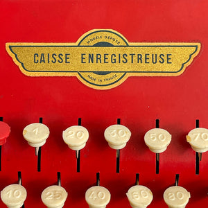 A Charming Children's French toy cash tin plate cash register. Finished in original red paintwork with white keys and a golden Caisse Enregistreuse waterslide decal. - SHOP NOW - www.intovintage.co.uk