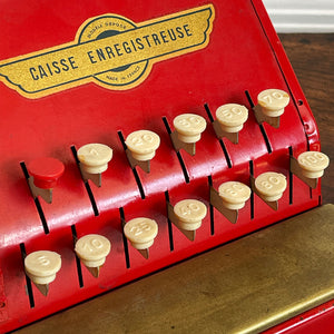 A Charming Children's French toy cash tin plate cash register. Finished in original red paintwork with white keys and a golden Caisse Enregistreuse waterslide decal. - SHOP NOW - www.intovintage.co.uk
