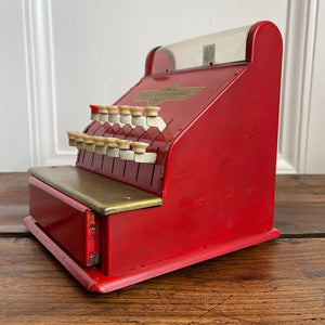 A Charming Children's French toy cash tin plate cash register. Finished in original red paintwork with white keys and a golden Caisse Enregistreuse waterslide decal. - SHOP NOW - www.intovintage.co.uk