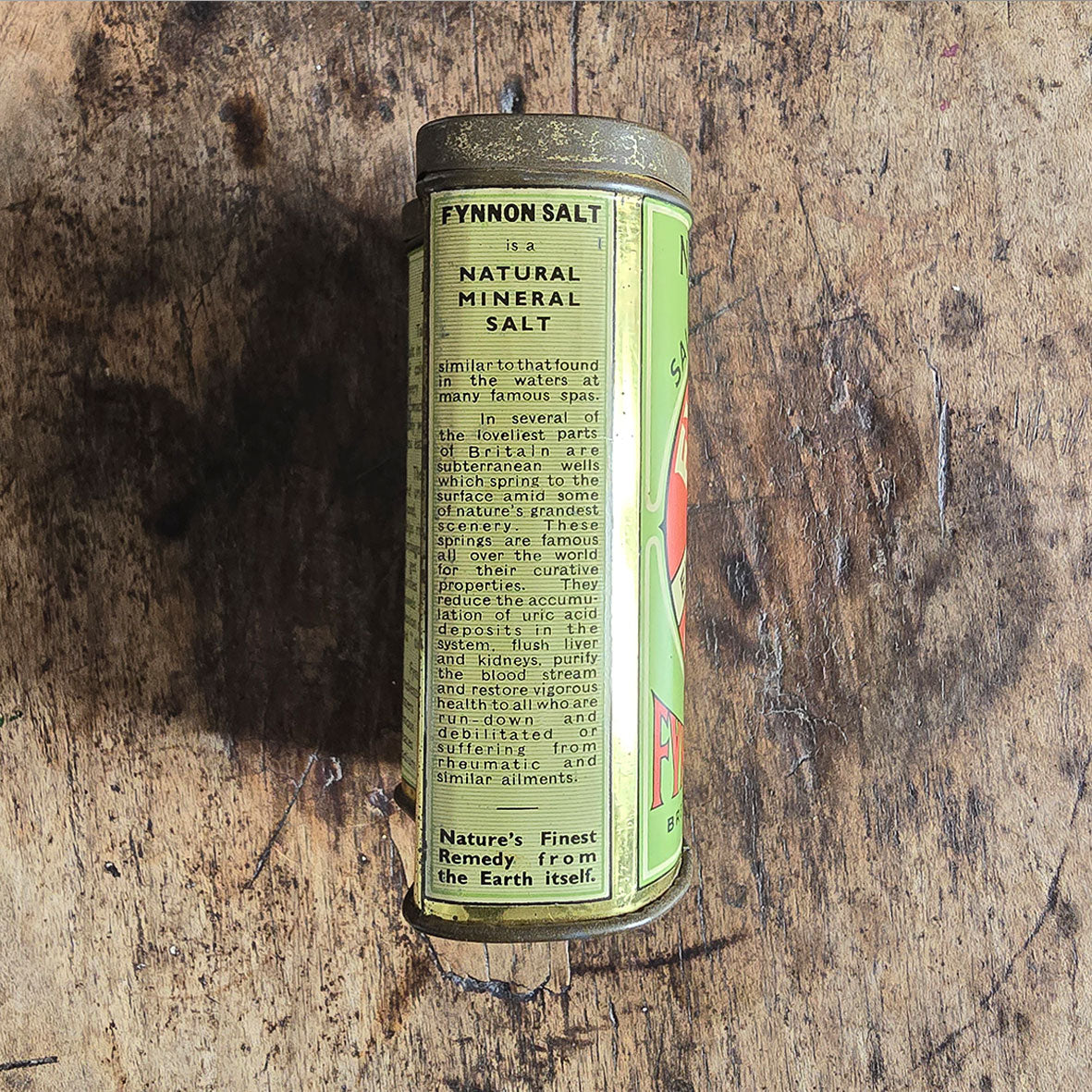 An Edwardian Fynnon Salt Tin. This tin would have held natural mineral salts, perfect for 'Over Fatness' 'Complexion' and 'Gout' amongst other remedies! Great design and typography - SHOP NOW - www.intovintage.co.uk