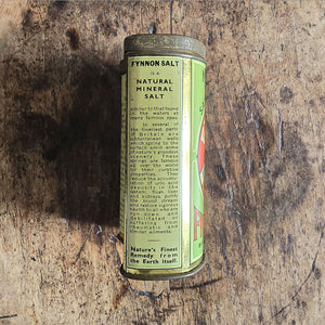 An Edwardian Fynnon Salt Tin. This tin would have held natural mineral salts, perfect for 'Over Fatness' 'Complexion' and 'Gout' amongst other remedies! Great design and typography - SHOP NOW - www.intovintage.co.uk