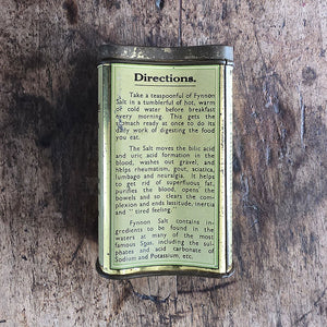 An Edwardian Fynnon Salt Tin. This tin would have held natural mineral salts, perfect for 'Over Fatness' 'Complexion' and 'Gout' amongst other remedies! Great design and typography - SHOP NOW - www.intovintage.co.uk
