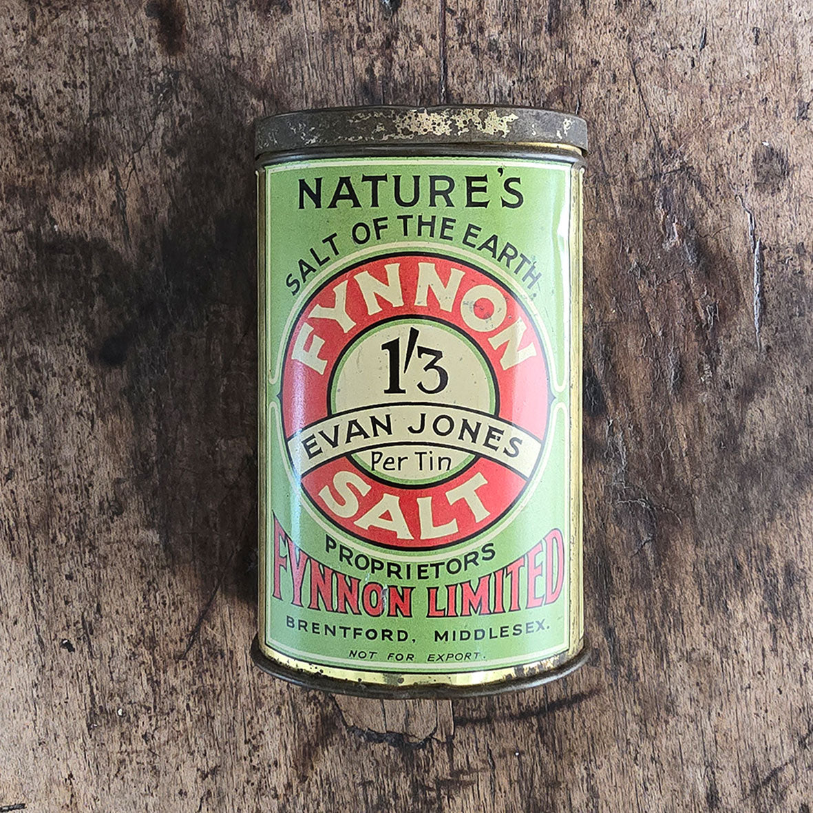 An Edwardian Fynnon Salt Tin. This tin would have held natural mineral salts, perfect for 'Over Fatness' 'Complexion' and 'Gout' amongst other remedies! Great design and typography - SHOP NOW - www.intovintage.co.uk