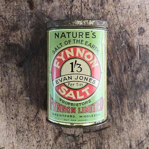 An Edwardian Fynnon Salt Tin. This tin would have held natural mineral salts, perfect for 'Over Fatness' 'Complexion' and 'Gout' amongst other remedies! Great design and typography - SHOP NOW - www.intovintage.co.uk