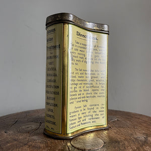 An Edwardian Fynnon Salt Tin. This tin would have held natural mineral salts, perfect for 'Over Fatness' 'Complexion' and 'Gout' amongst other remedies! Great design and typography - SHOP NOW - www.intovintage.co.uk