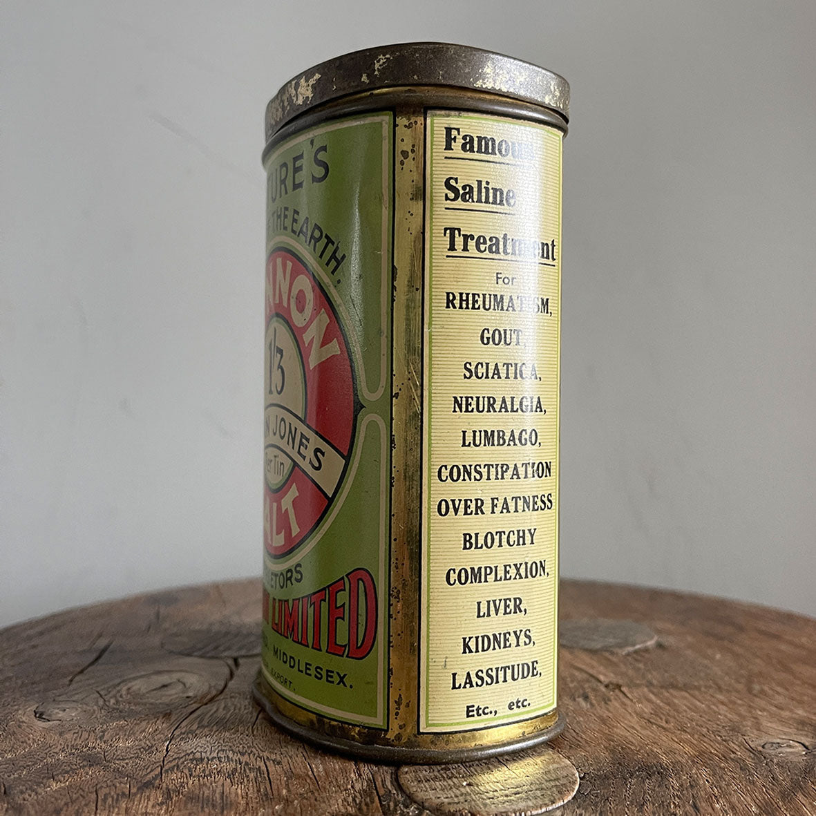 An Edwardian Fynnon Salt Tin. This tin would have held natural mineral salts, perfect for 'Over Fatness' 'Complexion' and 'Gout' amongst other remedies! Great design and typography - SHOP NOW - www.intovintage.co.uk