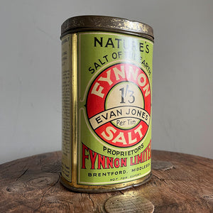 An Edwardian Fynnon Salt Tin. This tin would have held natural mineral salts, perfect for 'Over Fatness' 'Complexion' and 'Gout' amongst other remedies! Great design and typography - SHOP NOW - www.intovintage.co.uk