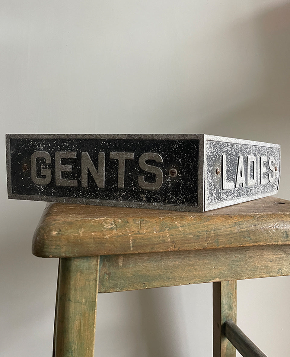 A cool Vintage Alloy Ladies & Gents Sign. Bracketed back so easy to mount on the wall. Great patina to the metal's surface - SHOP NOW - www.intovintage.co.uk