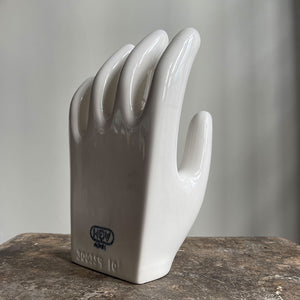 A sculptural Factory Glove Mould. Finished in a white glaze and stamped '300359 10' and 'AGH' printed in blue numerals to the front. In perfect condition - SHOP NOW - www.intovintage.co.uk