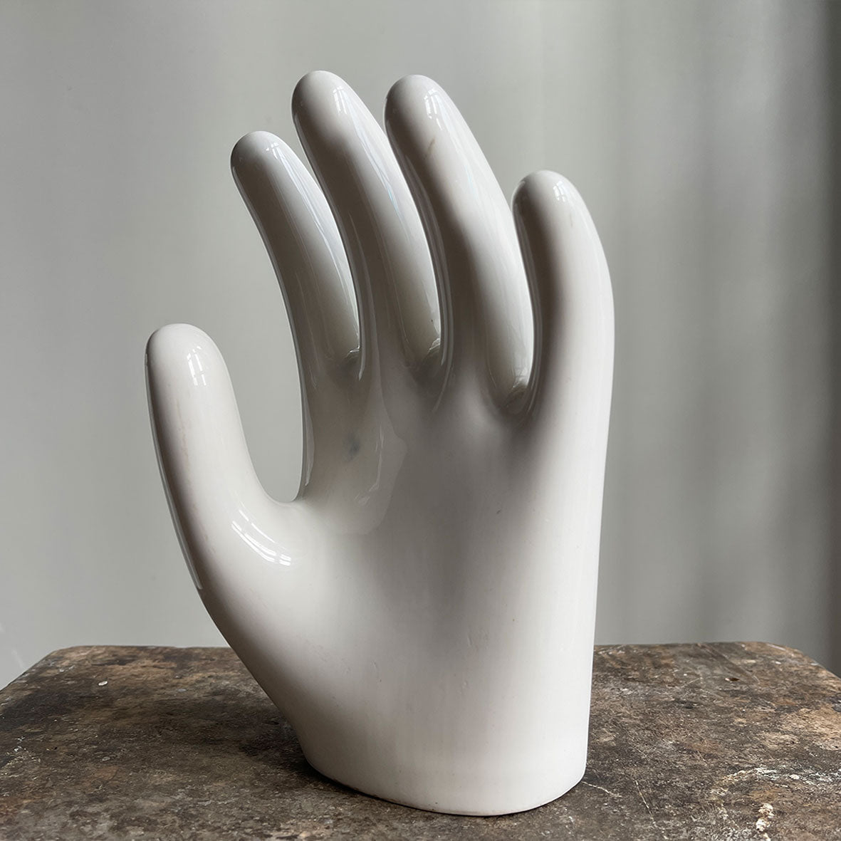 A sculptural Factory Glove Mould. Finished in a white glaze and stamped '300359 10' and 'AGH' printed in blue numerals to the front. In perfect condition - SHOP NOW - www.intovintage.co.uk