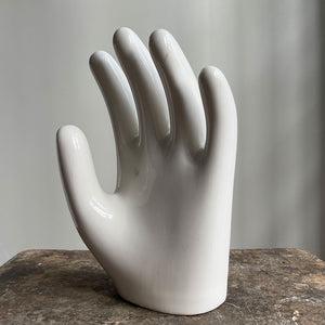 A sculptural Factory Glove Mould. Finished in a white glaze and stamped '300359 10' and 'AGH' printed in blue numerals to the front. In perfect condition - SHOP NOW - www.intovintage.co.uk