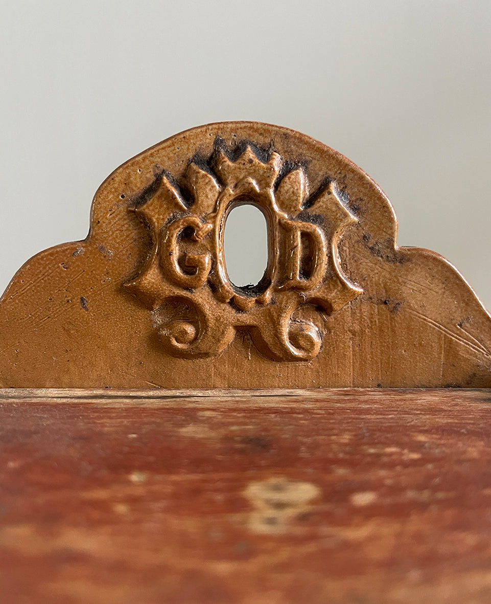 A delightful Late 19th Century Salt Box with a whicker design and hinged wooden lid. The word 'GOD' is visible on the back plate with the 'O' being the hole so that it can be mounted on the wall - SHOP NOW - www.intovintage.co.uk