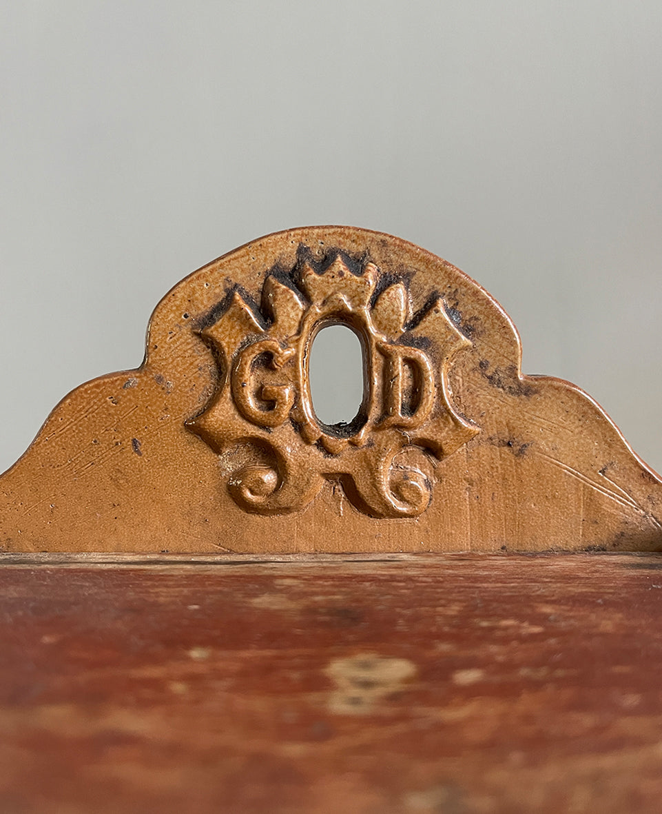 A delightful Late 19th Century Salt Box with a whicker design and hinged wooden lid. The word 'GOD' is visible on the back plate with the 'O' being the hole so that it can be mounted on the wall - SHOP NOW - www.intovintage.co.uk